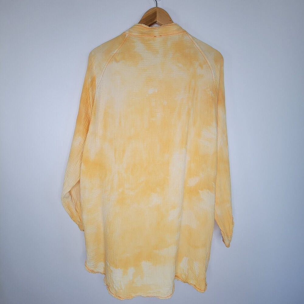 ANTHROPOLOGIE FLAWLESS Yellow Gauzy Cotton Shirt Sz M Tie Dye Oversized Longline - Picture 2 of 11